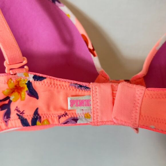 PINK Wear Everywhere Peach Multicolored Floral Underwire Lined T-Shirt Bra 32B - Picture 6 of 12